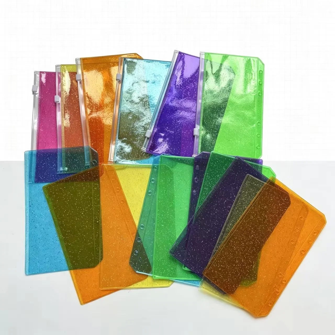 A6 Farbenfrohe Flache Glitzer-Bindertaschen Reißverschluss-Ordner für 6-Ring Notizbuch-Binder Wasserdichte PVC-Dokumententasche