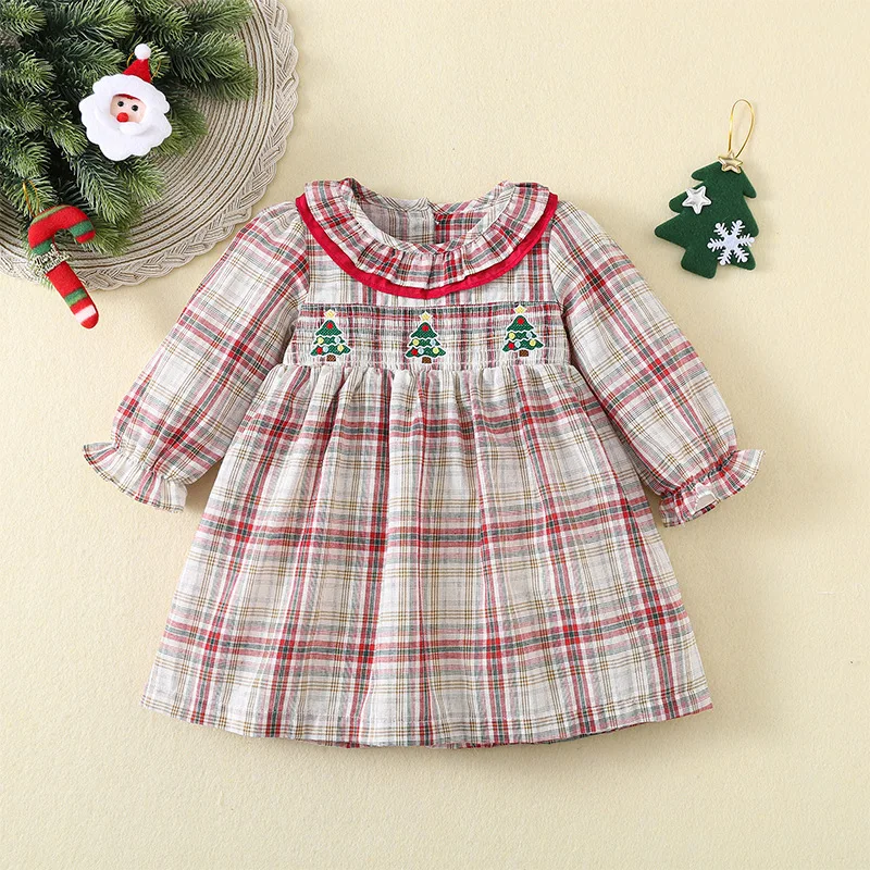 

Girls Plaid Long Sleeve Dress Red Plaid Christmas Party Princess Embroidery Ruffled Toddler Outfit Holiday Photoshoot Dresses