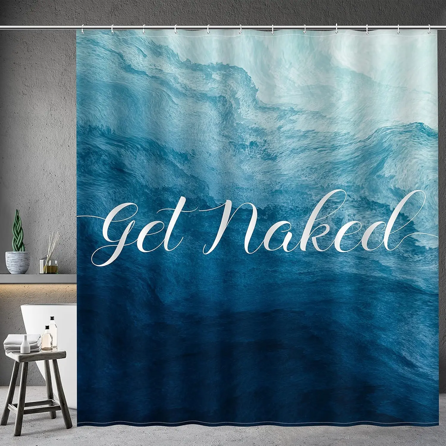 Blue Ocean Wave Shower Curtain Get Naked Quote Bathroom Decor Funny Typography Bath Curtain for Home Decoration