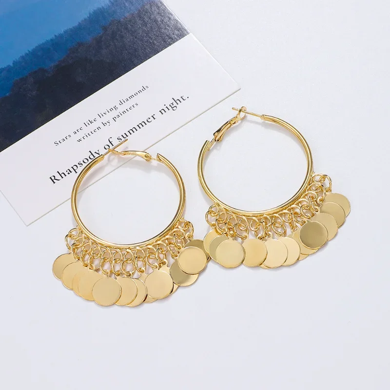 New Fashion Golden Sequins Metal Tassel Hoop Earrings Luxury Trendy Temperament Ear Piercing Earrings for Women Jewelry Gift