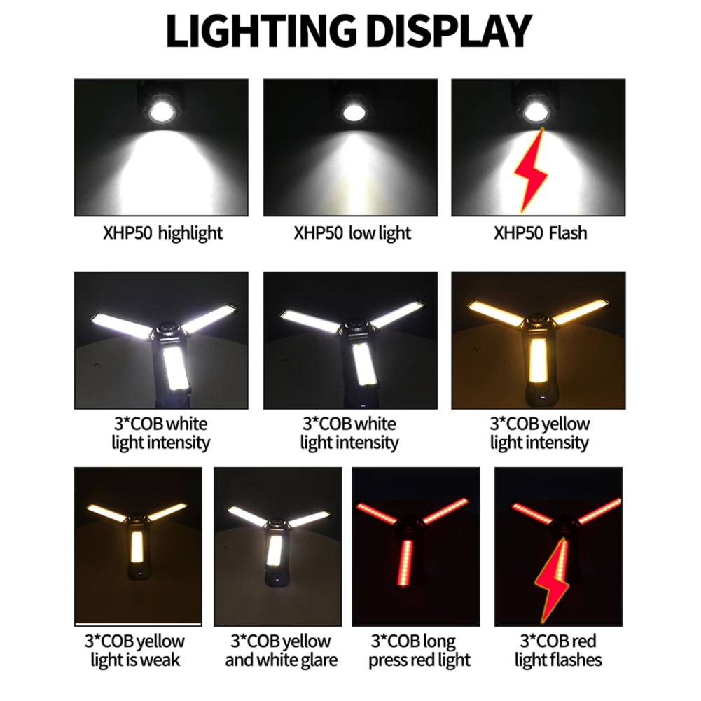 ไฟทำงานแบบชาร์จไฟได้พร้อมขาตั้งไฟทำงานแบบพกพาพร้อมขาตั้งที่สามารถถอดออกได้ไฟฉายสำหรับตั้งแคมป์พร้อมโคมไฟสามดวง