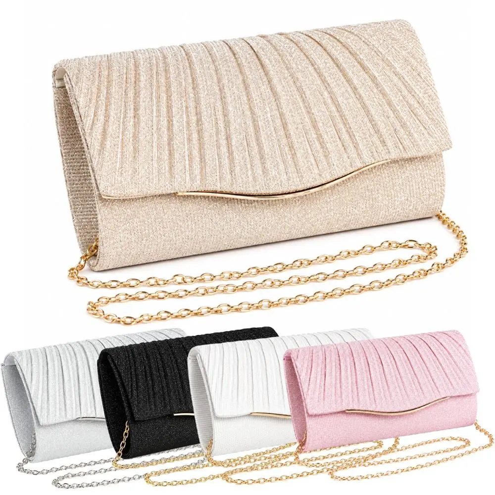 Pleated Flap Wedding Bag Glitter Fabric Detachable Chain Strap Evening Clutch Bag Foldover Closure Elegant Style Clutch Handbag