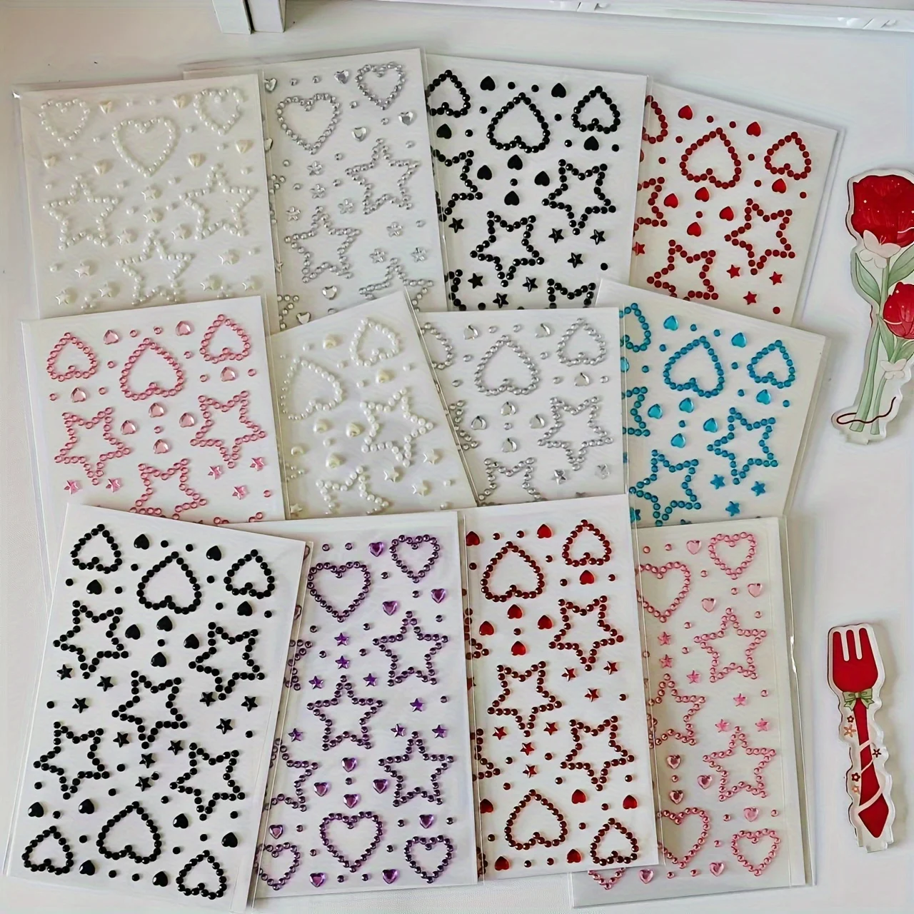 4 Sheets Self-Adhesive Love Heart Pentagram Face Stickers Faux Pearl Rhinestone Diamond Glitter Stickers for Makeup DIY Craft