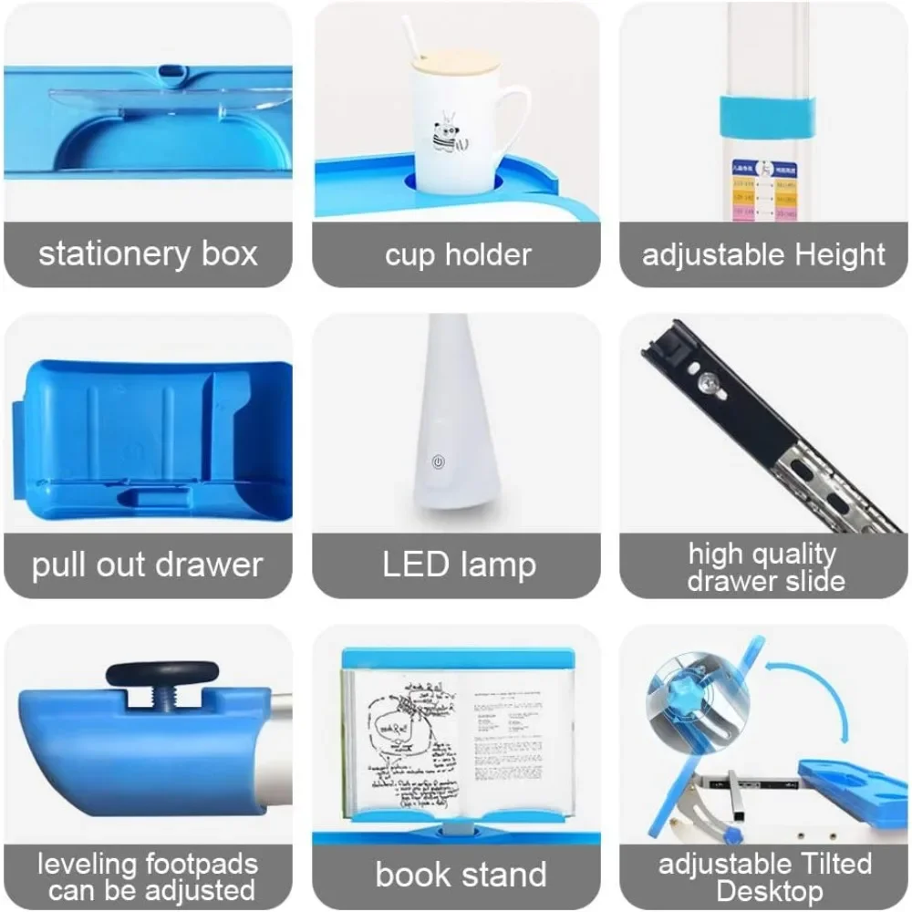 مجموعة مكتب وكرسي قابل للتعديل للأطفال ، مكتب دراسة مدرسة للأطفال ، سطح مكتب إمالة ، مسند كتب ، مصباح ليد