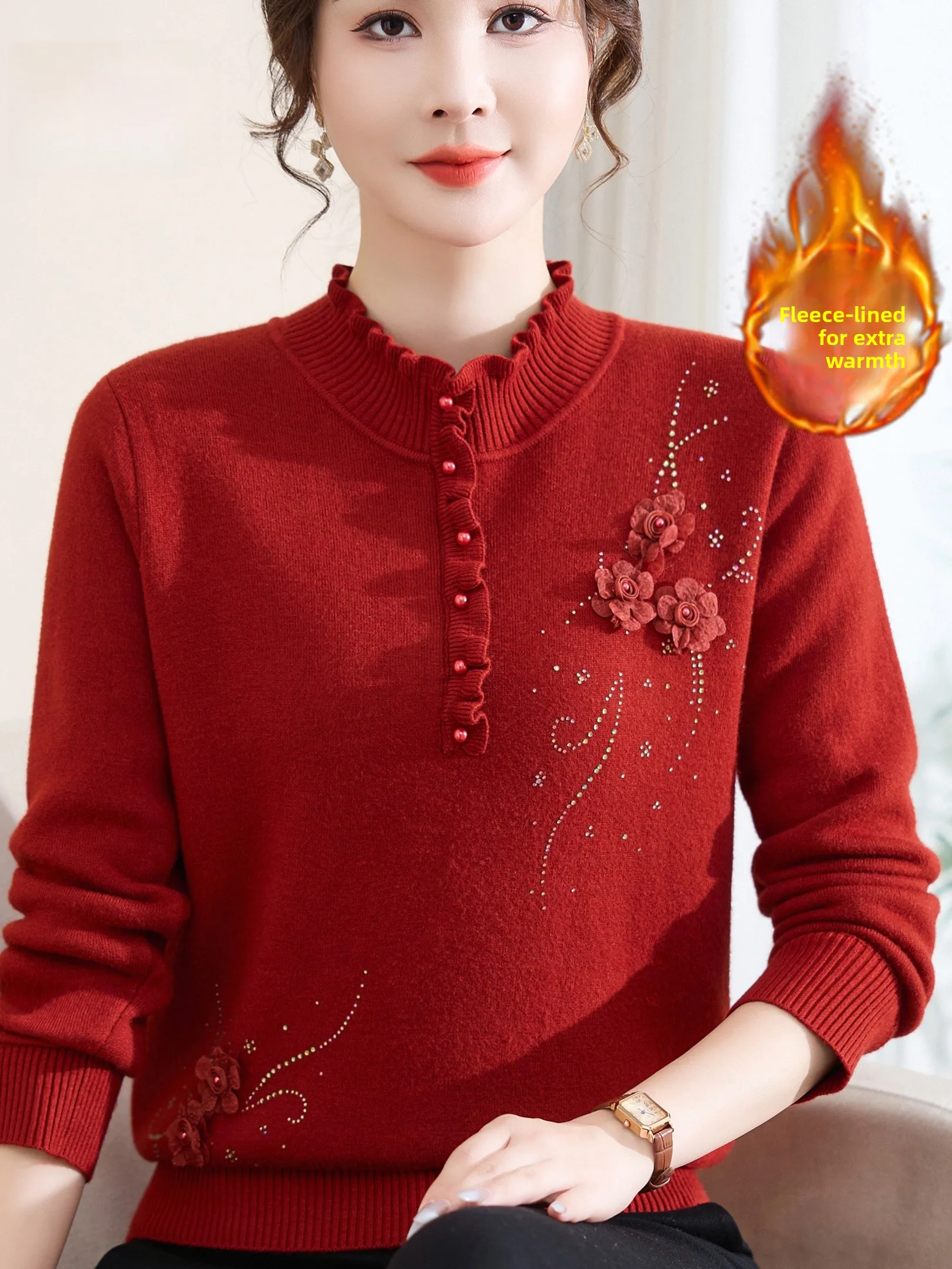 

Thiened f-High Collar Fce Lined Knitted Sweater for Mom Autumn Winter Warm One-Piece Velvet Base irt Women's Faion