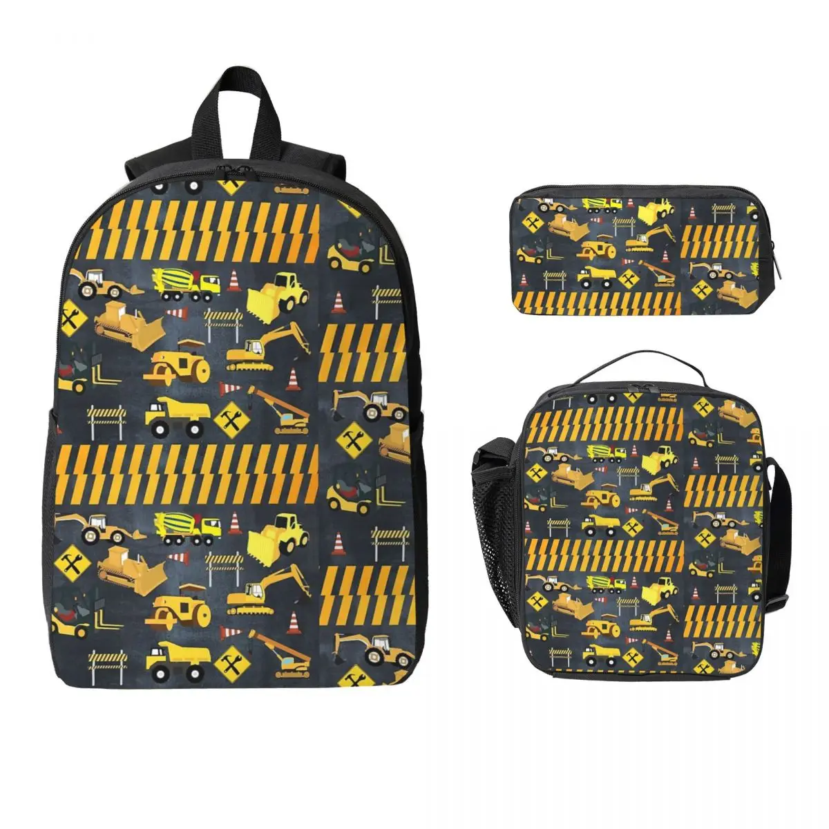 Construction Trucks Heavy Machinery Backpack Boys Girls BookBag School Bag Shoulder Bags 3ps Insulated Lunch Bag Pencil Case