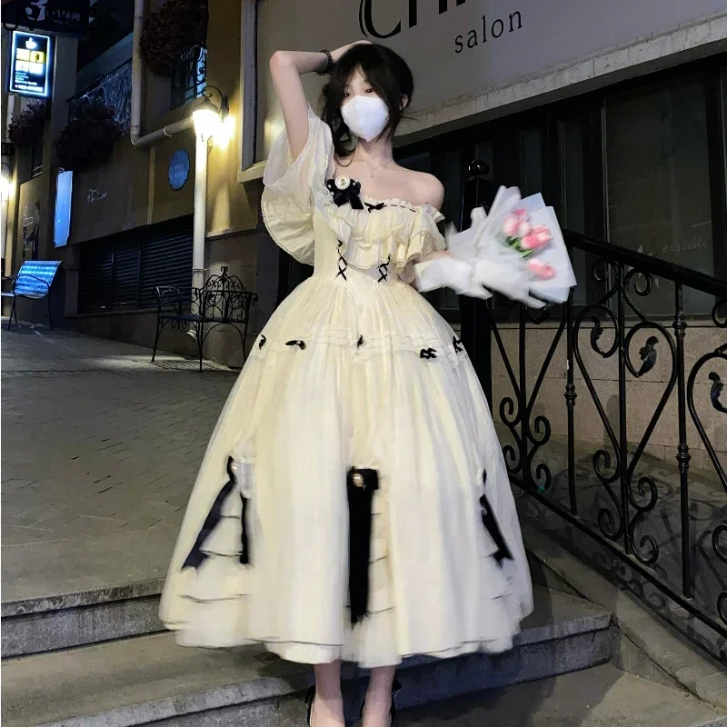 Vintage Elegant Lolita Dress Women 2023 Sweet Bow High Waist Fairy Party Dresses Summer Cosplay Costumes French Princess Dresses