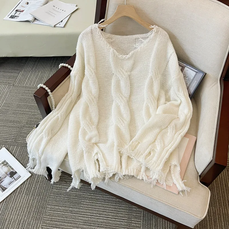 

Loose V-neck Twist Knit Pullovers Long Sleeve Raw Edge Knitted Sweater 2025 Autumn Casual All-matched Knitwear