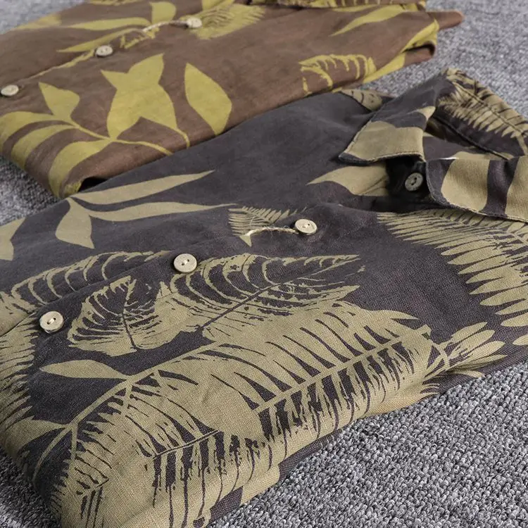 Leaf Print Fashion Trend Spring and Summer Youth Shirt Fashion Retro Lapel Men Centre-sleeve Button Cardigan
