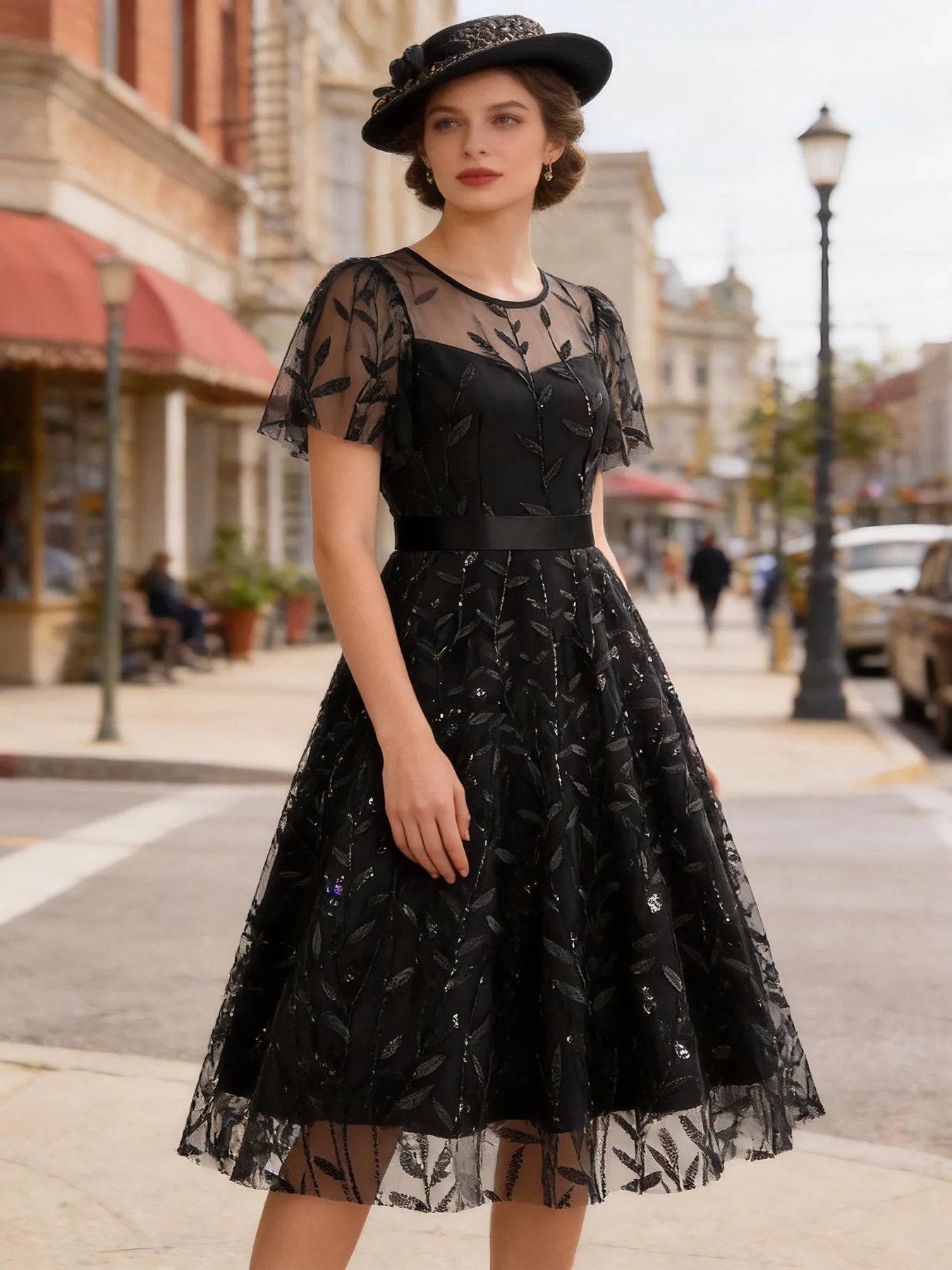 Tonval Sequins Leaf Embroidered Mesh Overlay Elegant Dresses for Women 2026 Vintage Cocktail Party Luxury Midi Dress