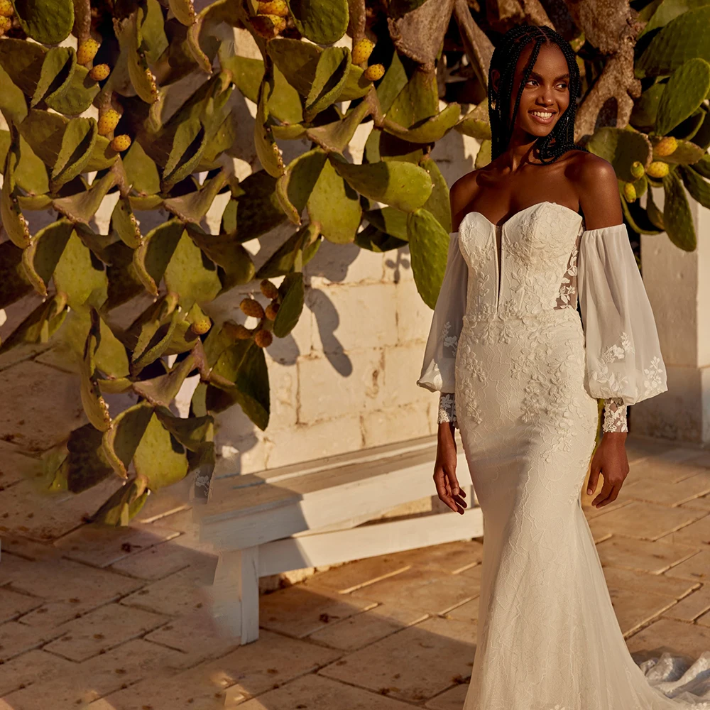 ZIBUYU فستان زفاف أنيق مخصص قبالة الكتف العميق الخامس الرقبة نفخة كم طويل الدانتيل زين عارية الذراعين الدانتيل متابعة فستان الزفاف