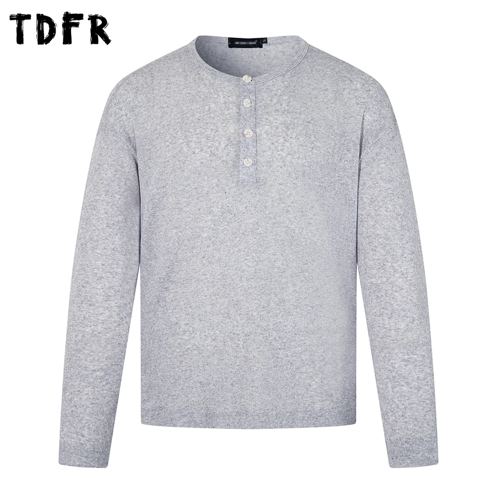 

Henley Collar Long Sleeve T-shirt Mens Solid Color Simple Spring Loose Casual Tshirt Man Tee