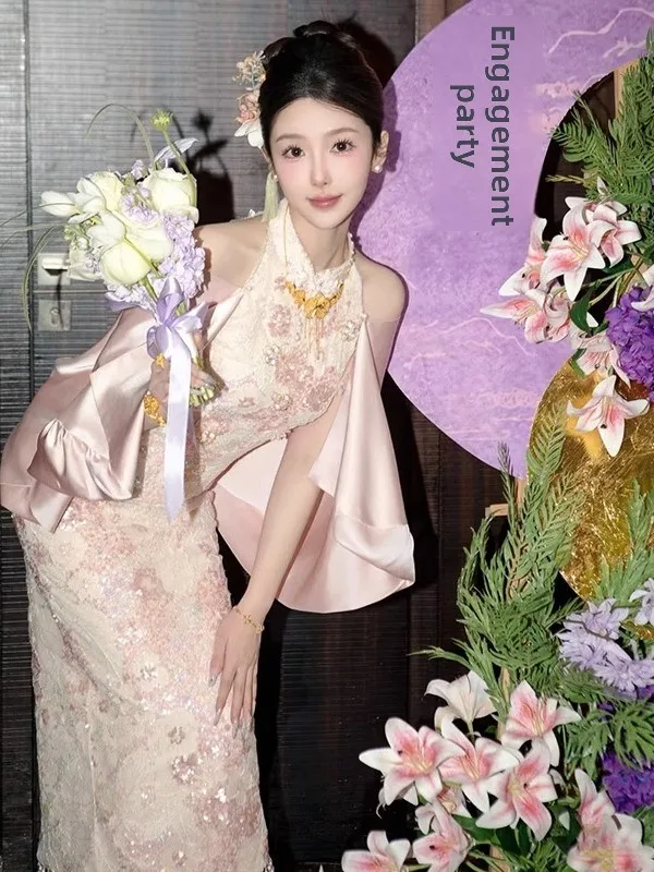 

Pink Engagement Dr New Chinese Sle Bride Lightweight Luxury Morning Robe Vintage Sle Beaded mid Waist Long S...