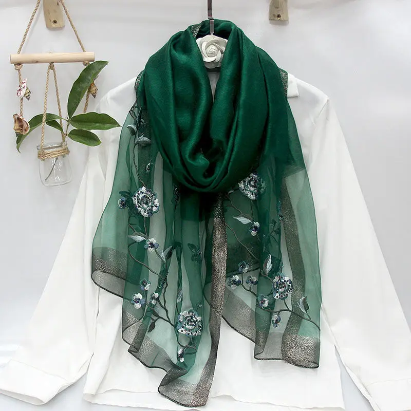 Fashion 2022 Beach Stoles Women Scarf Silk Wool Embroidery Floral Female Thin Foulard Bufanda Hijab Wraps Pashmina Shawl Scarves