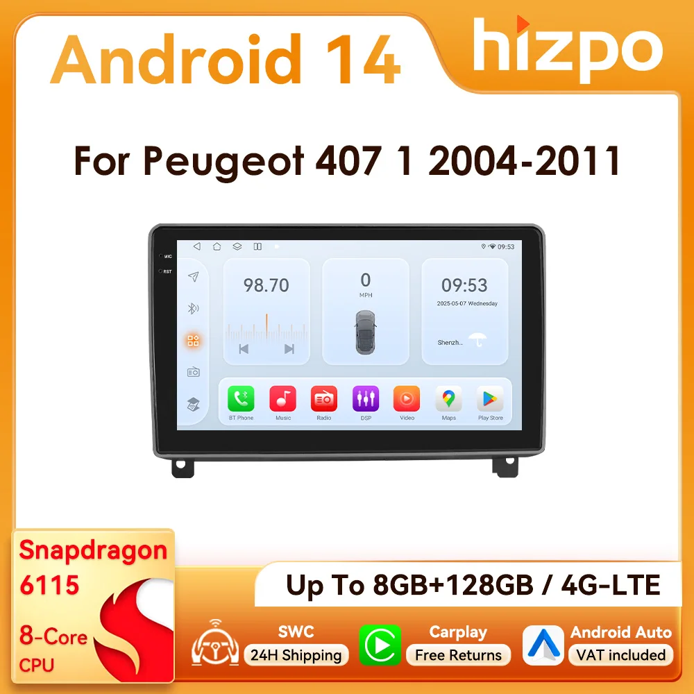 9-calowe radio samochodowe Hizpo 2Din z Androidem 14 do Peugeot 407 CC SW 2004 - 2011, Auto CarPlay, 4G, BT, GPS, RDS, DSP, SWC, Snapdragon 6115, jednostka główna