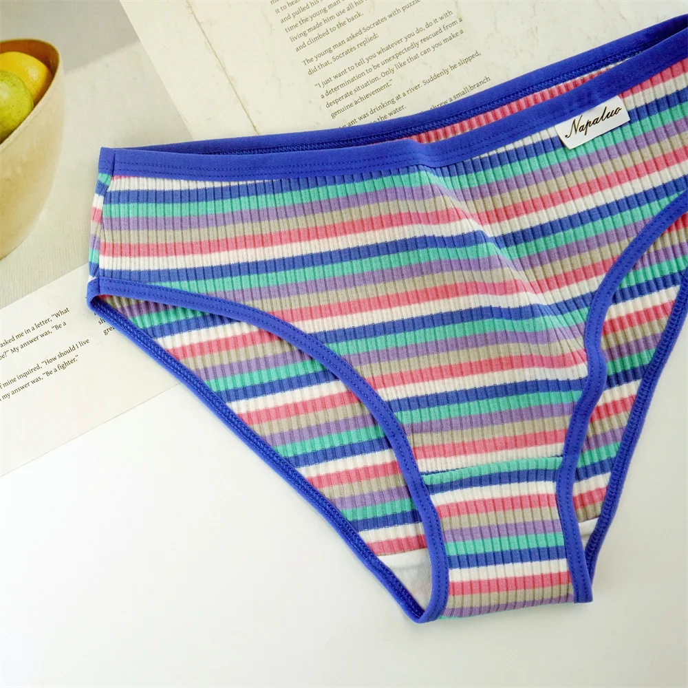 3dílné duhové pruhované dámské žebrované bavlněné kalhotky s nízkým pasem, dívčí pohodlné kalhotky, dvouvrstvé bavlněné rozkrokové bikiny - náhled 5