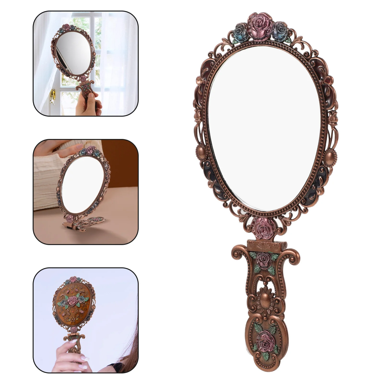 

Vintage Makeup Mirror Zinc Alloy Small Compact Foldable Handle Travel Portable Handheld Vanity Mirror Hand Mirrors with Handle