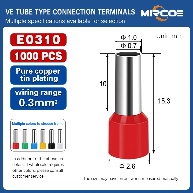MIRCOE 1000PCS  E0310 0.3MM2 VE Series Wire Terminals Insulated Tube Type Crimp Connectors for Electrical Wiring