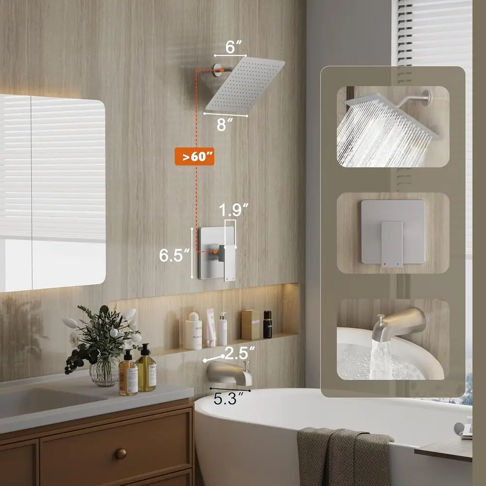 مجموعة رأس دش مطري 8 معدنية بالكامل مع صنبور حوض استحمام من النيكل المصقول ومجموعة حواف بمقبض واحد