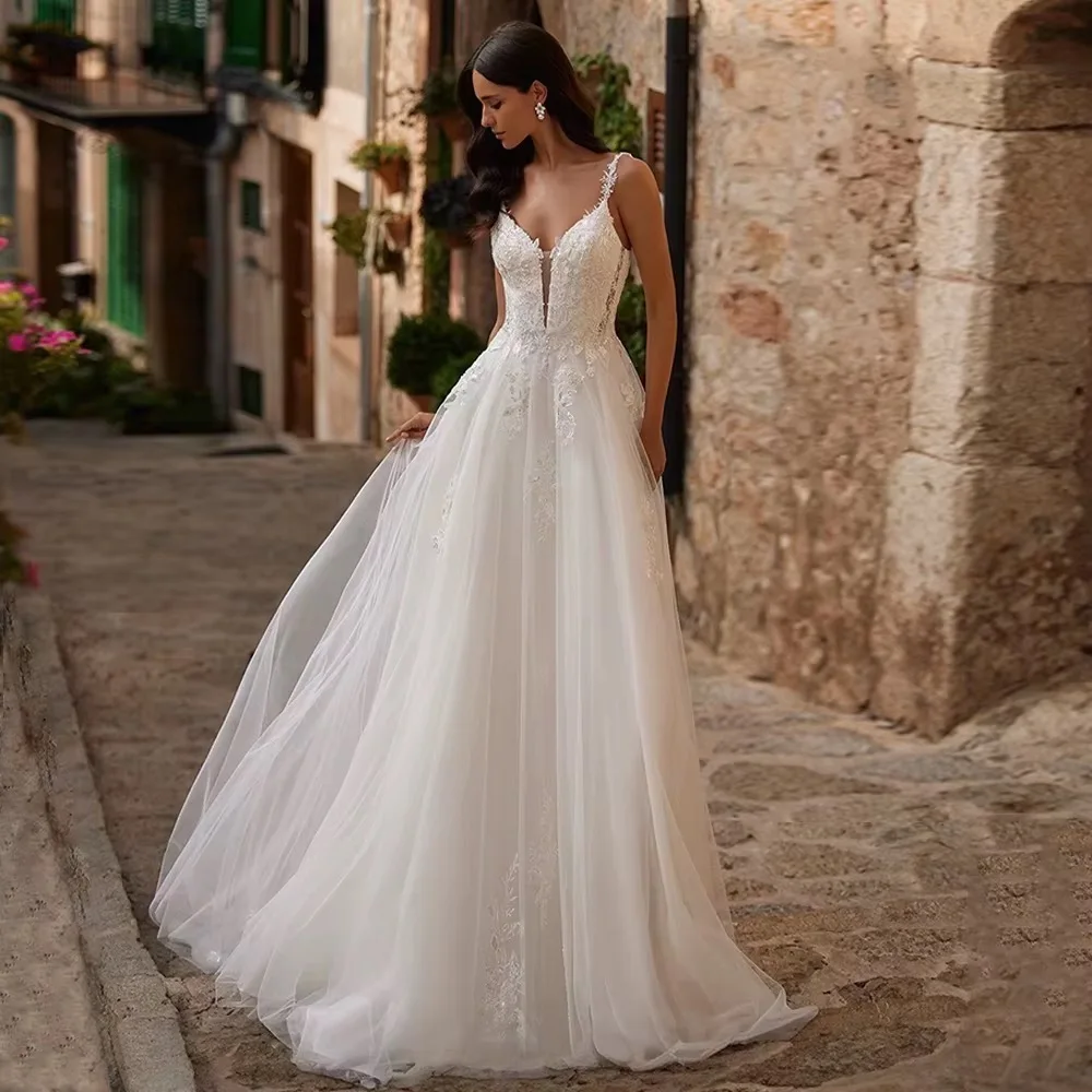 

Customized Elegant V-neck Wedding Dress Spaghetti Strap Glitter Applique A-line Bridal Dress Vestido de novia