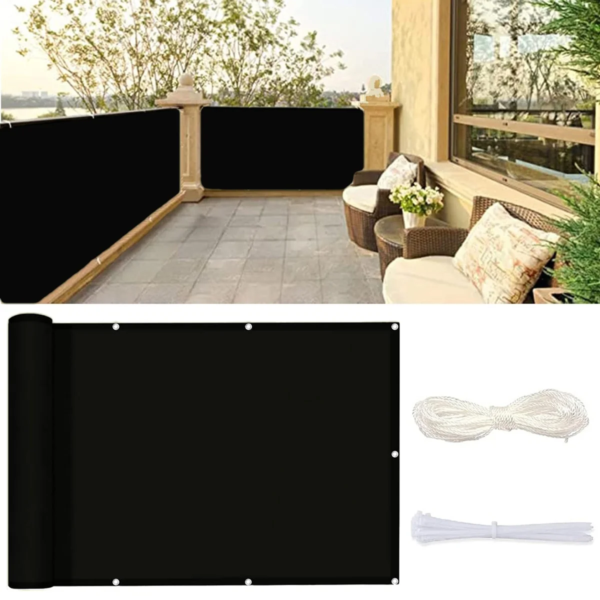 

Balcony Privacy Screen, Garden Fence Cover, Outdoor Sunshade Fabric Awning, with Cable Ties and Rope Railing Protector - Black