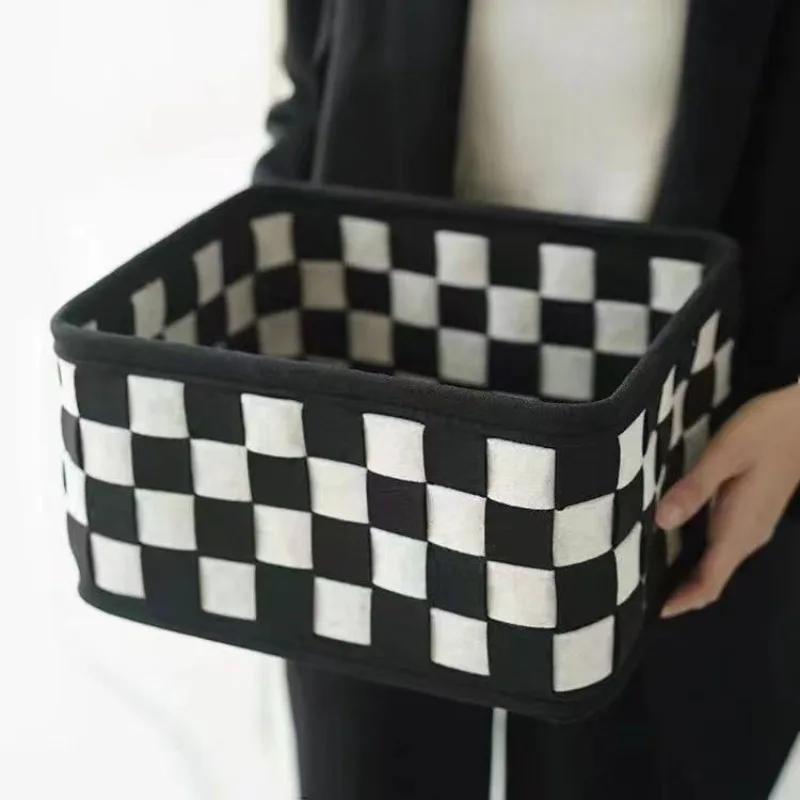 Clothes Miscellaneous Items Felt Storage Basket Cosmetics Desktop Weaving Black White Checkered Toy Miscellaneous Storage Box