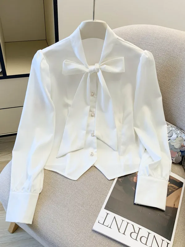 

Женская блузка с узлом и длинным рукавом, приталенная, белая, универсальная, для офиса, ранняя весна-осень 2026, новинка