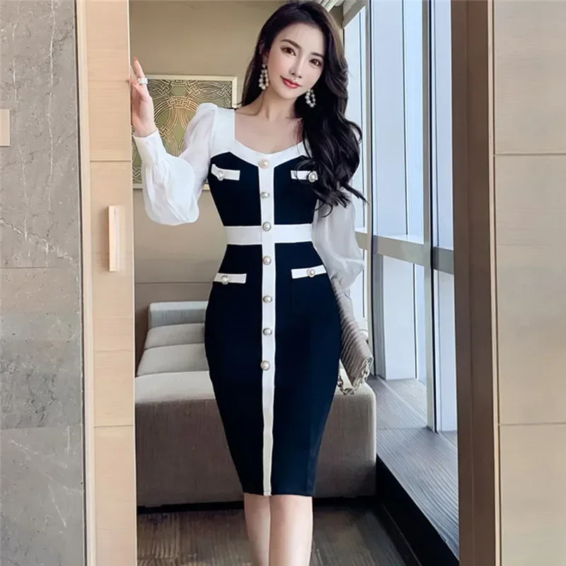 

Korea Autumn Party Dress New Fashion 2023 Women Full Sleeve Black White Patchwork Pearl Button Elegant Knee-length Dress