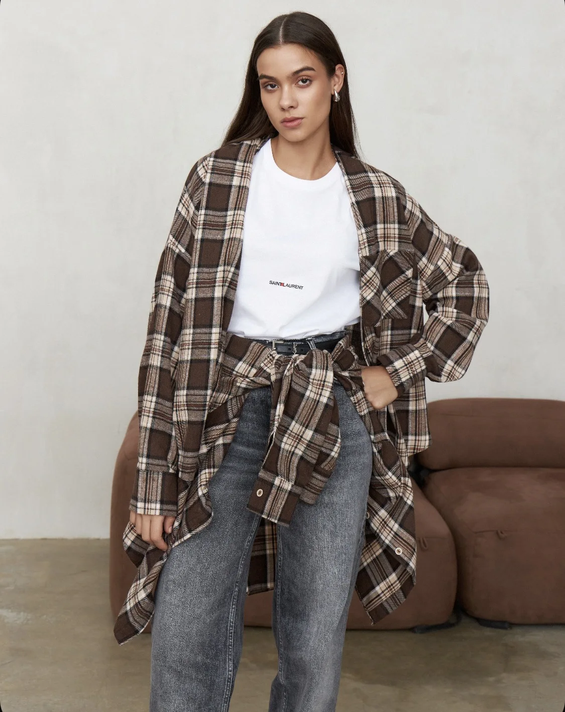 

Spring Vintage Women Oversized Long Sleeve Plaid Shirt Button Tops Autumn Winter Loose Lapel Pocket Shirt Female Streetwear