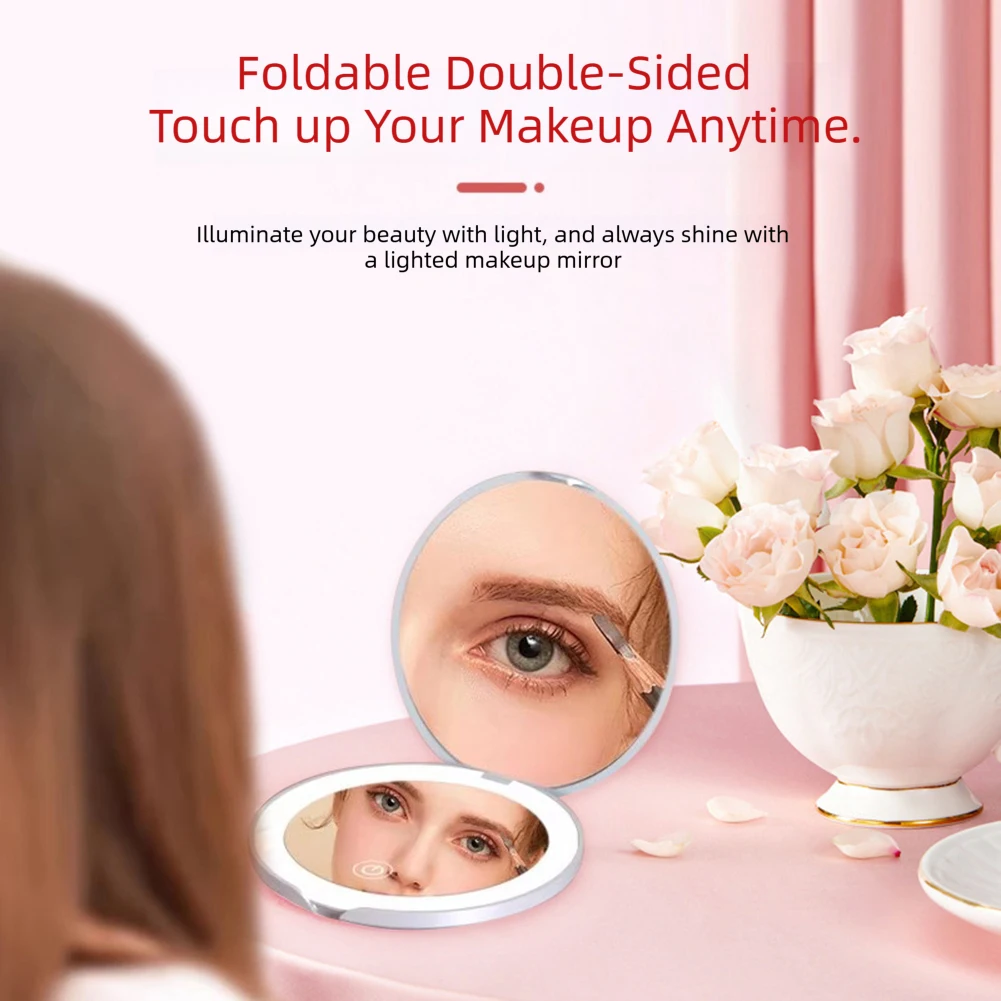Miroir de maquillage pliable Portable, miroir de maquillage de voyage avec lumière LED, miroir Compact pour femmes, outils de maquillage de poche
