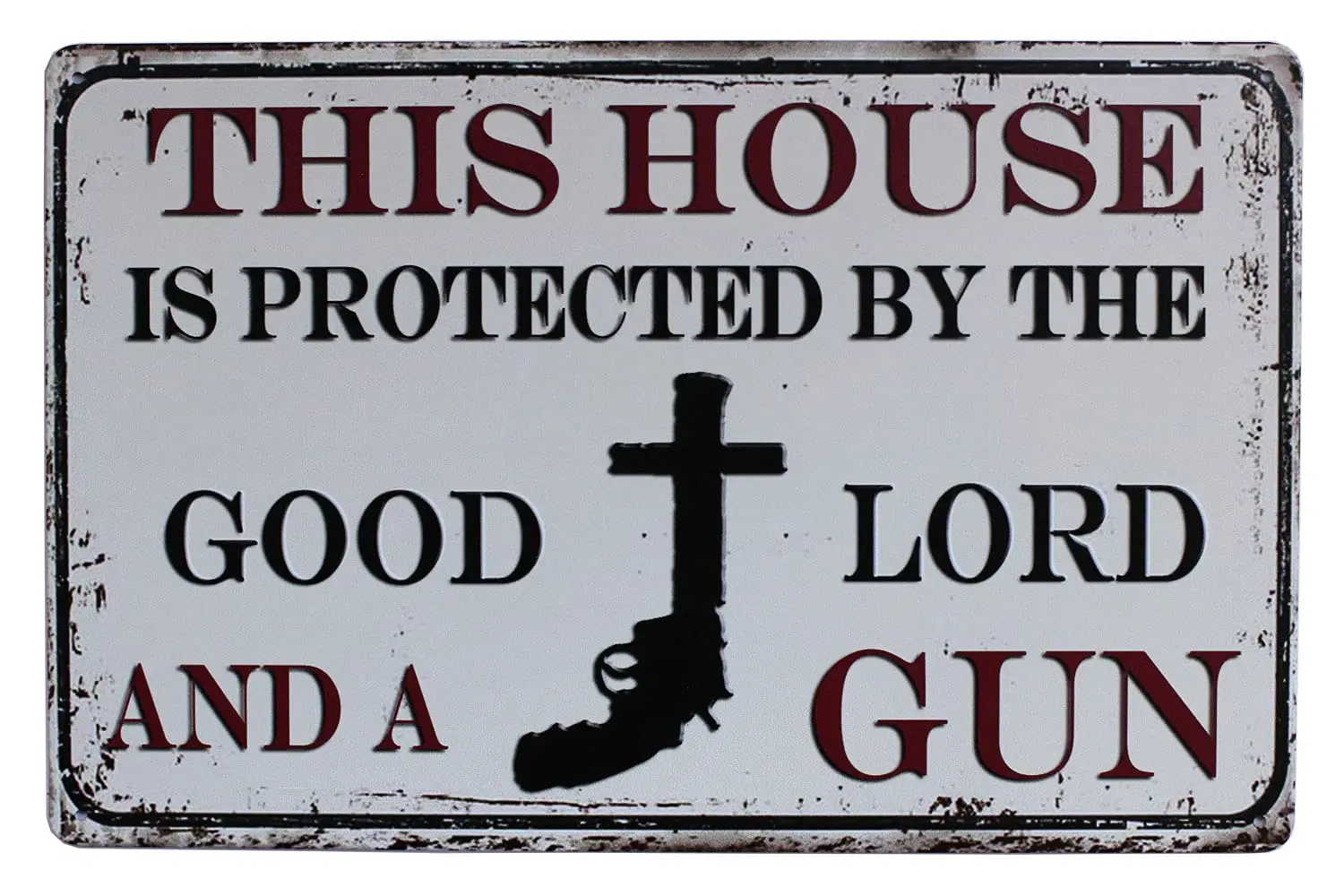 This House is Protected by The Good Lord and a Gun Metal Tin Sign, Vintage Art Poster Plaque Home Wall Decor