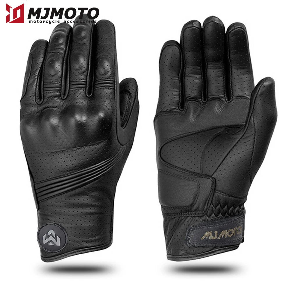 

Men's Retro Genuine Leather Motorcycle Gloves Summer Motorbike Gloves Moto Guantes Downhill Cycling Riding Racing Short Gloves