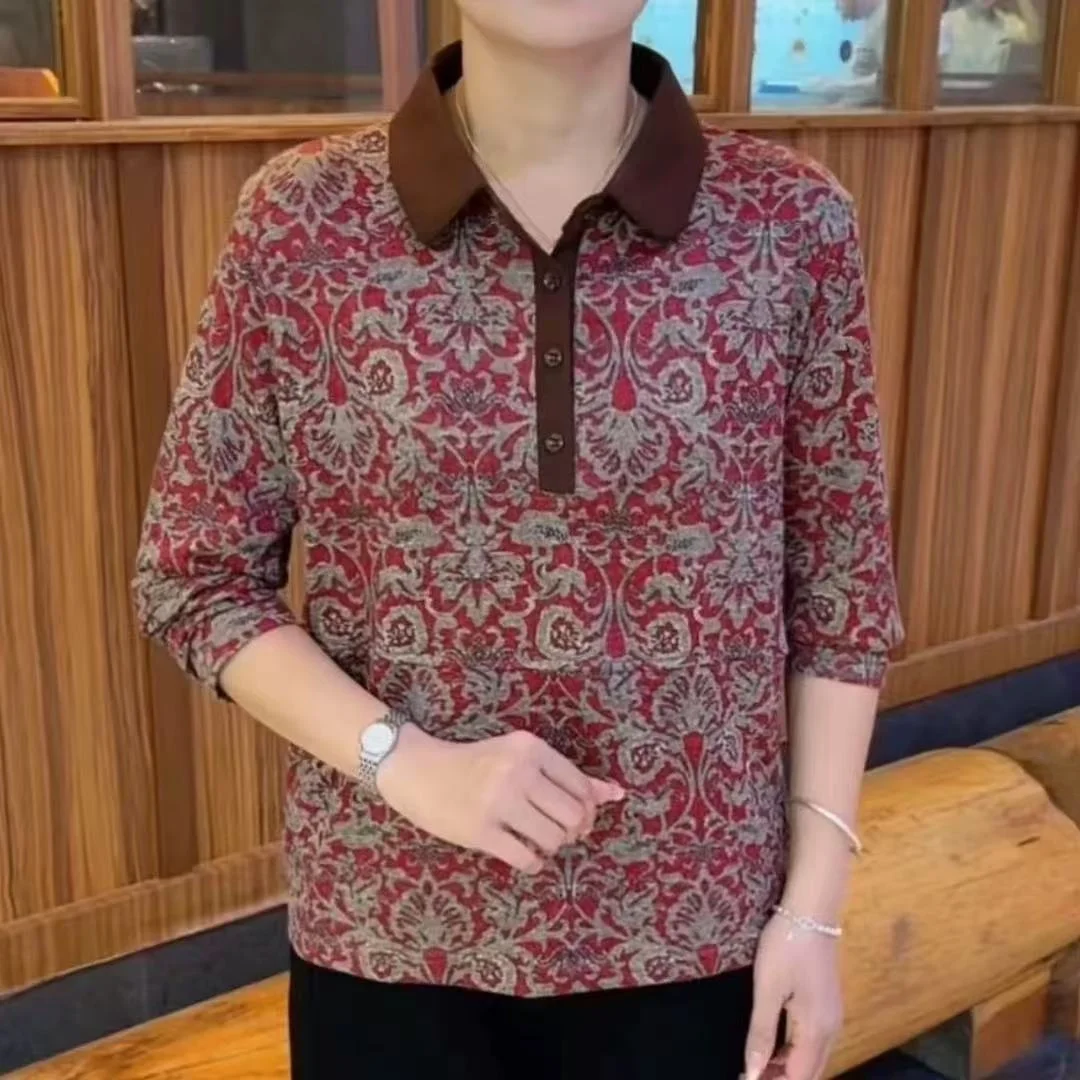 Fashionable Loose Long Sleeve Mommy's Top Autumn 2025 New Style Casual Polyester Women's T-shirt for Middle-Aged And Elderly