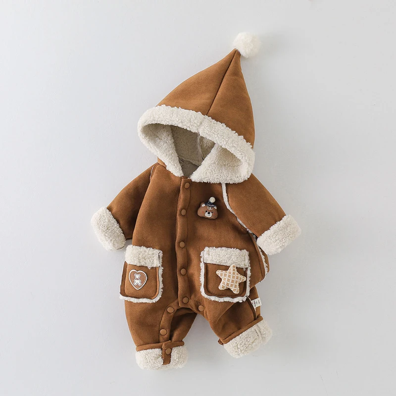 IYEAL Unisex Baby Winter Quilted Pointed Hood Romper Fleece Trim Button Front Jumpsuit with Star Heart Embroidery Pockets Warm O
