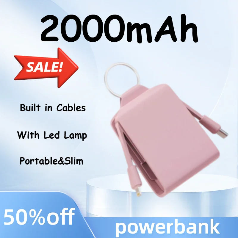Mini Keychain Power Bank 2000mAh Portable Charger Built in Cables PowerBank External Battery Pack for iPhone Samsung Huawei