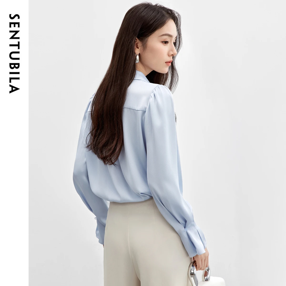 SENTUBILA Women Bow Tie Shirt 2025 Spring Fall Office Lady Petal Sleeve Satin Draped Shirts & Blouses Female Clothes 151C57896