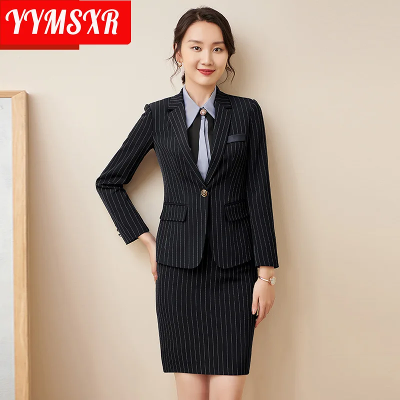 

High Quality Women's Office Formal Suits Workwear 2022 Spring and Autumn Fashion Striped Slim Ladies Jackets Casual Skirts