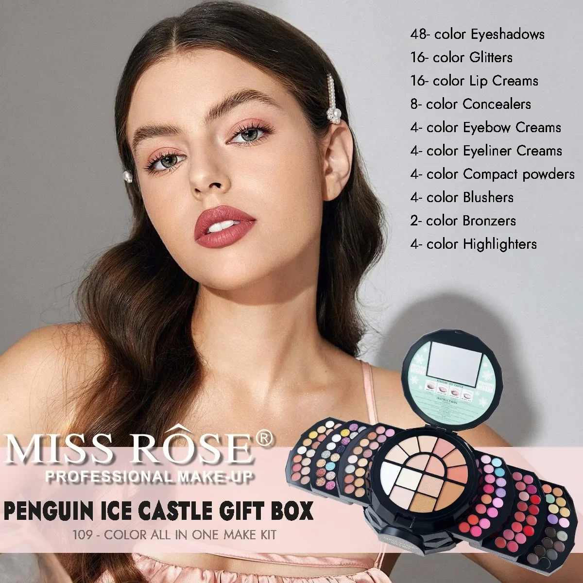 لوحة مكياج MISSROSE متعددة الألوان مع أحمر شفاه ظلال عيون وأحمر خدود ومجموعة بودرة عالية اللمعان تتضمن مرآة