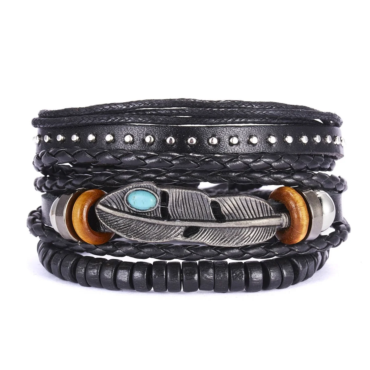 3 Teile/satz Vintage Punk Blatt Schwarz Leder Seil Kette Armband Für Männer Frauen Hand-gestrickte Natürliche Stein Holz Perle armreif Schmuck