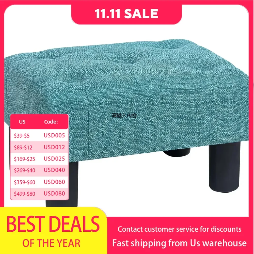 Small Footstool Ottoman Upholstered Linen Fabric Button Tufted Rectangular Footrest with Plastic Legs, Teal