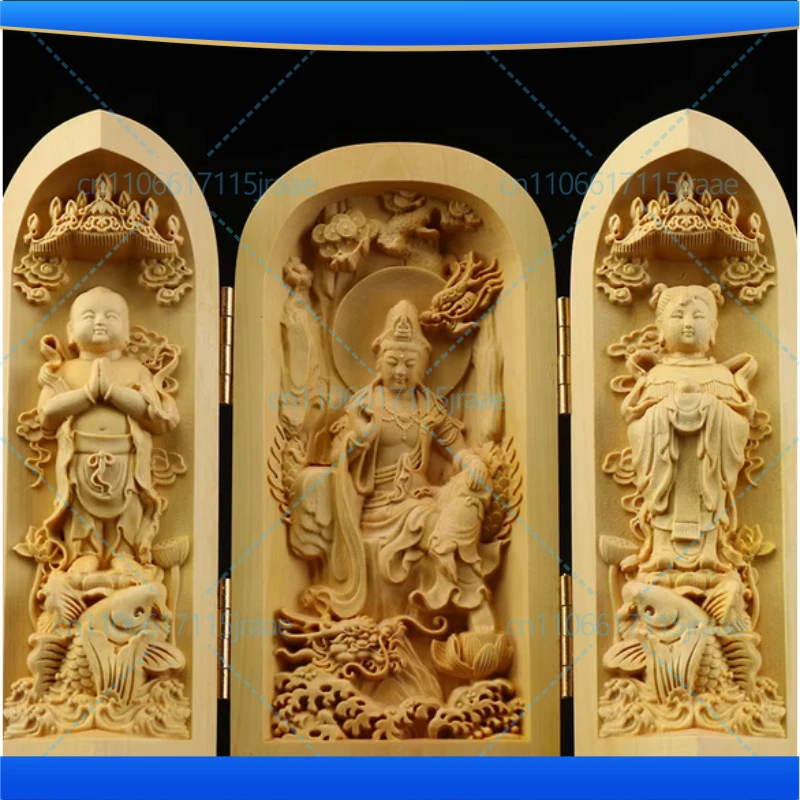 wood carving Guanyin, God of Wealth  sculptures and figurines high-quality portable Home Room Office Wealth Luck Feng Shui Decor