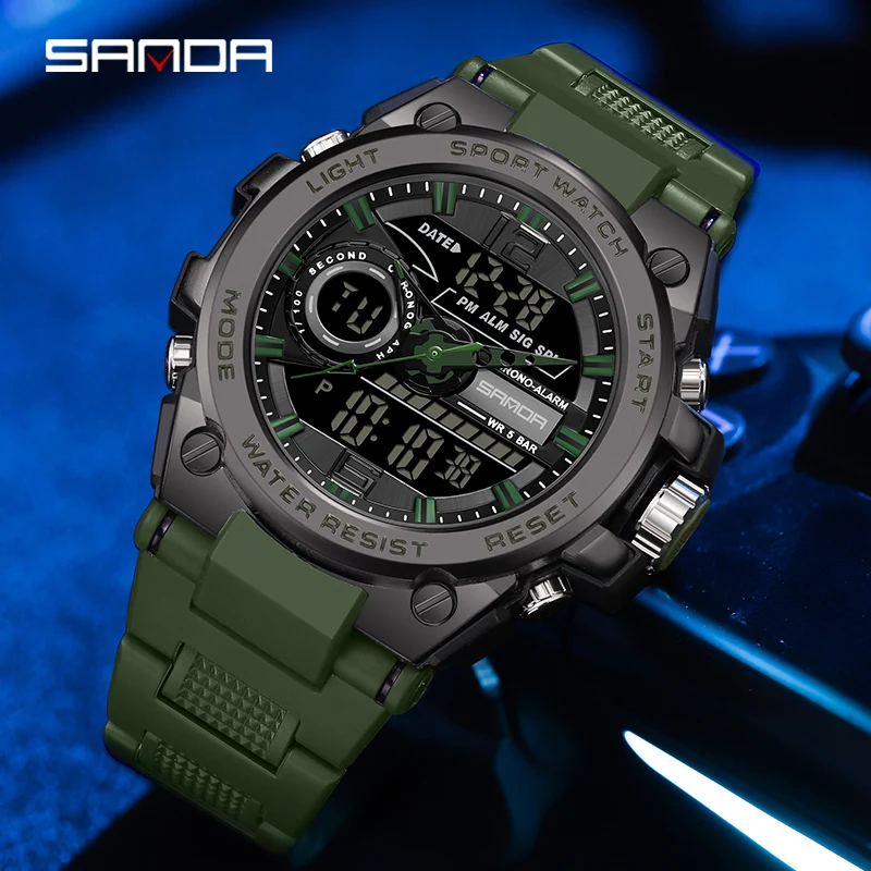 

2023 SANDA Quartz Watch For Men Wristwatches 50M Waterproof Alarm Male Clock Dual Display Digital Wrist Watches Sports Watches