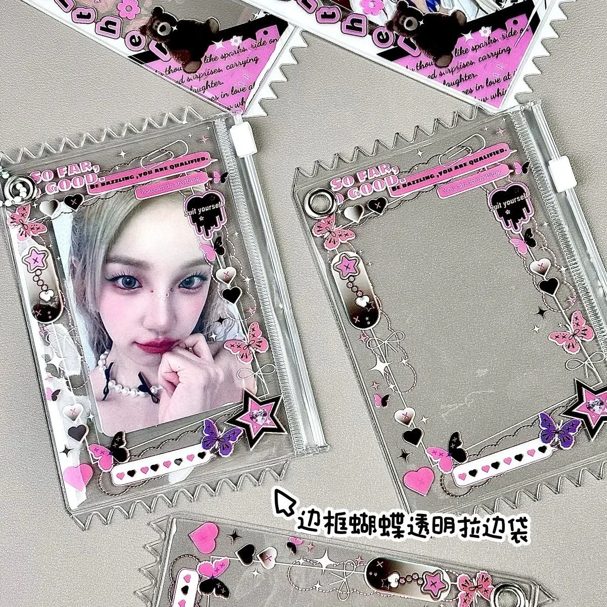 Korean Y2K Pink Black Butterfly Card Bag Kpop Idol 3-Inch Photo Card Transparent Display Beautify Pendant for Girl Key Chain Bag