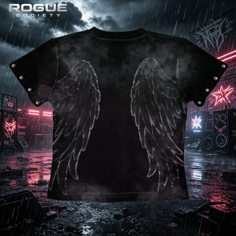 Summer Gothic Angel Wing Print Crop Shirt Men Grunge Washed Short Sleeve Rivet Fitted Y2k Streetwear Punk Black Emo Tshirt Tees