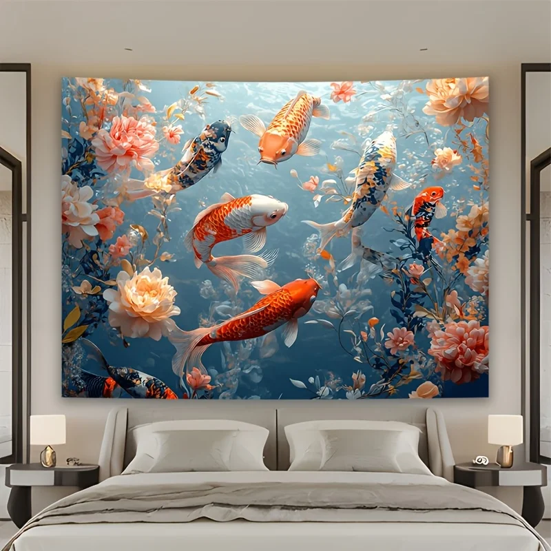 Tapiz de pared de lujo con diseño de peces Koi, decoración artística tropical con flores y océano, 150x300cm