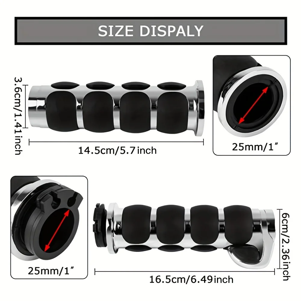 25mm Motorcycle Hand Grips for Enhanced Control - Easy-Install, Chrome & Black Aluminum Rubber, Perfect for 1-Inch Handlebars