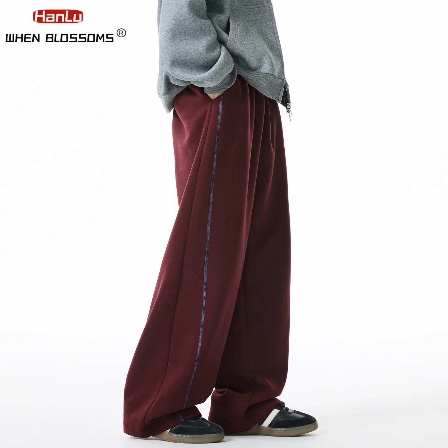 HANGLU 2025 Men's Heavyweight Sweatpants Contrast Stitch Straight Leg Loose Fit Streetwear Casual Jogger Pants