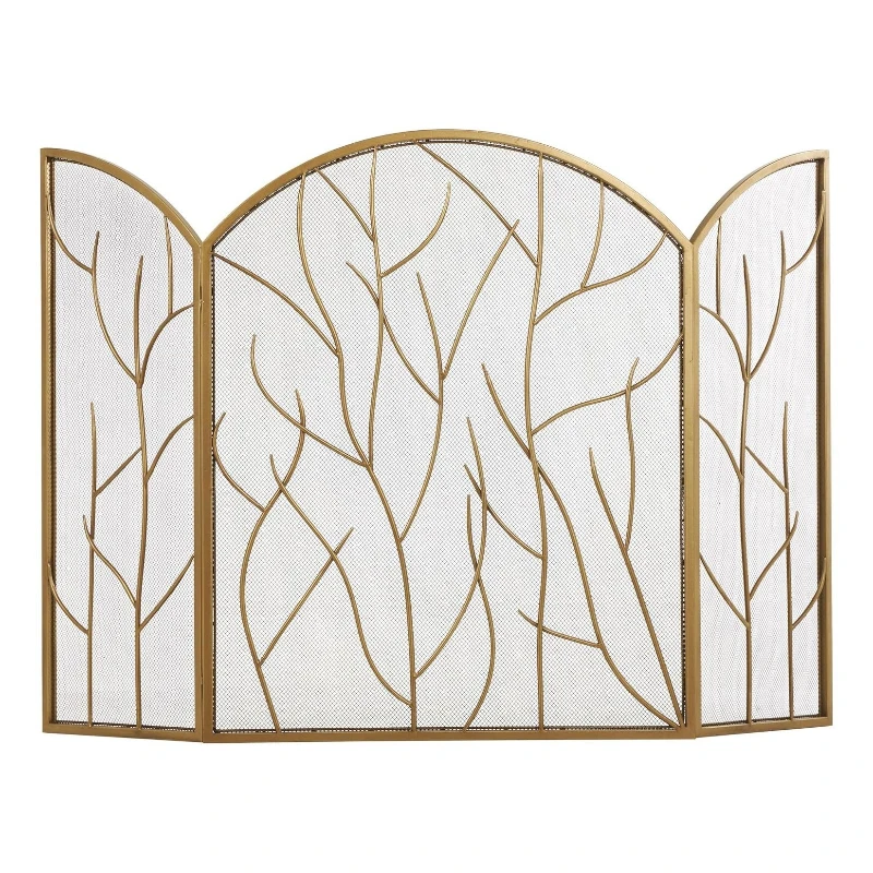 황금색 자유로운 곡선이 장식된 단조 철제 스크린, 실내 거실 벽난로 안전 칸막이 스크린