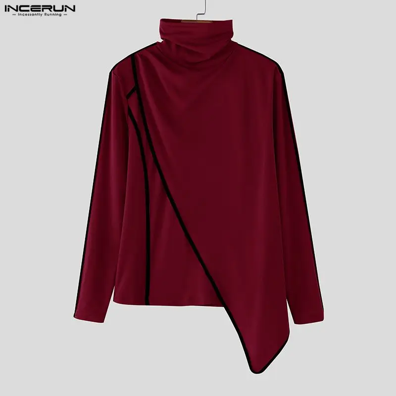 

Мужская футболка INCERUN с асимметричным кроем, в стиле пэчворк, с высоким воротом, длинным рукавом, свободного кроя, уличная мода, весна 2026, мужская одежда