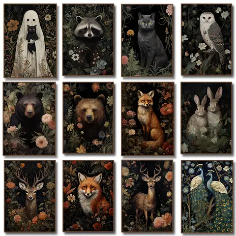 William Morris Flower Animal Poster Fox Hummingbird Owl Rabbit Bear Deer Peacock Canvas Painting Print Wall Decor Home Decor